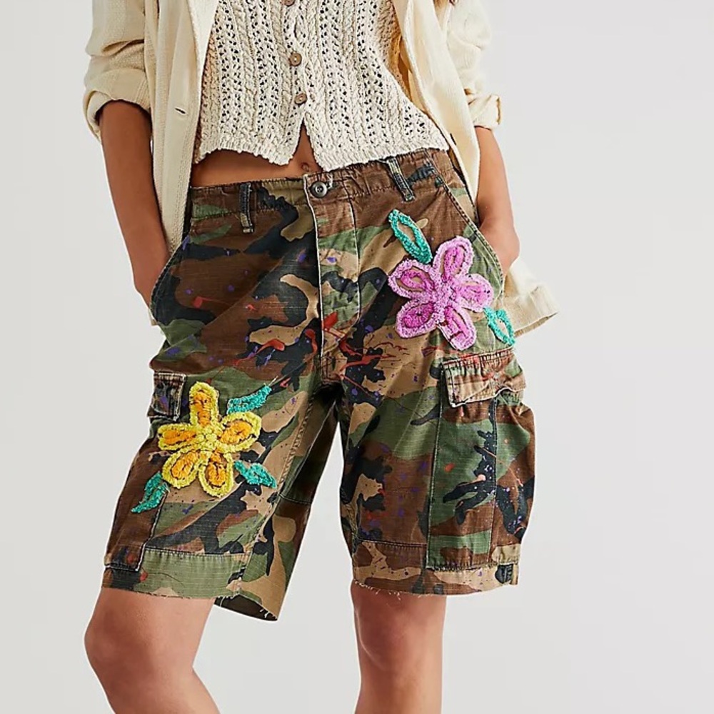 Tricia Fix Camo Cargo Shorts with Pink & Yellow Floral Appliqués